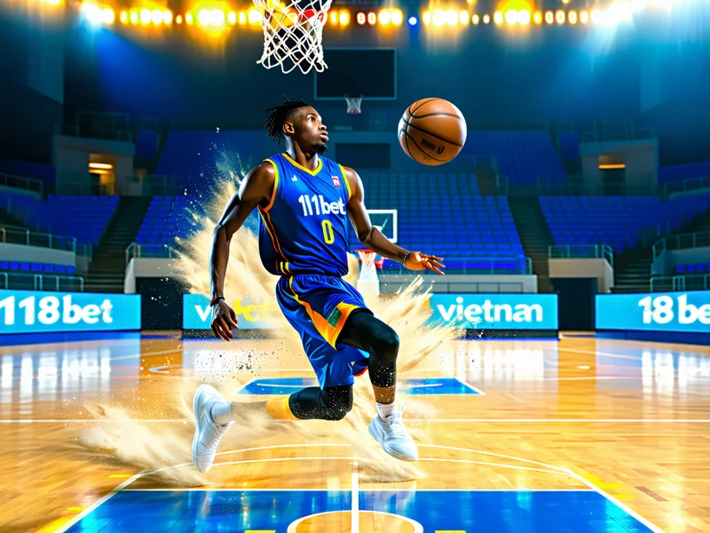 Hình ảnh sân bóng rổ chuyên nghiệp tại 181BET Vietnam, cầu thủ đang bật nhảy ném bóng, ánh đèn sân đấu rực rỡ, khán giả cổ vũ cuồng nhiệt.