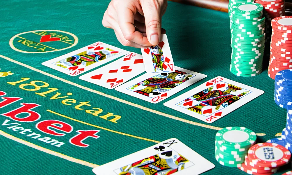 Hình ảnh bàn Blackjack với người chia bài và các lá bài tại 181BET