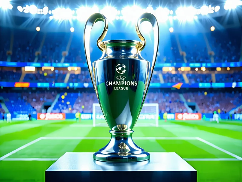 Hình ảnh chiếc cúp UEFA Champions League lấp lánh trên sân cỏ, tượng trưng cho giải đấu danh giá nhất châu Âu và cơ hội cá cược lớn tại 181BET