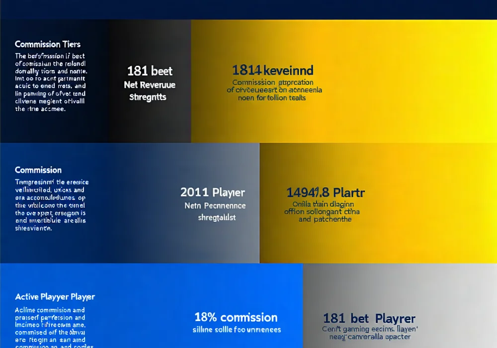 Biểu đồ cơ cấu hoa hồng chi tiết của chương trình đối tác 181BET, minh họa các mức tỷ lệ hoa hồng dựa trên doanh thu và số lượng người chơi hoạt động