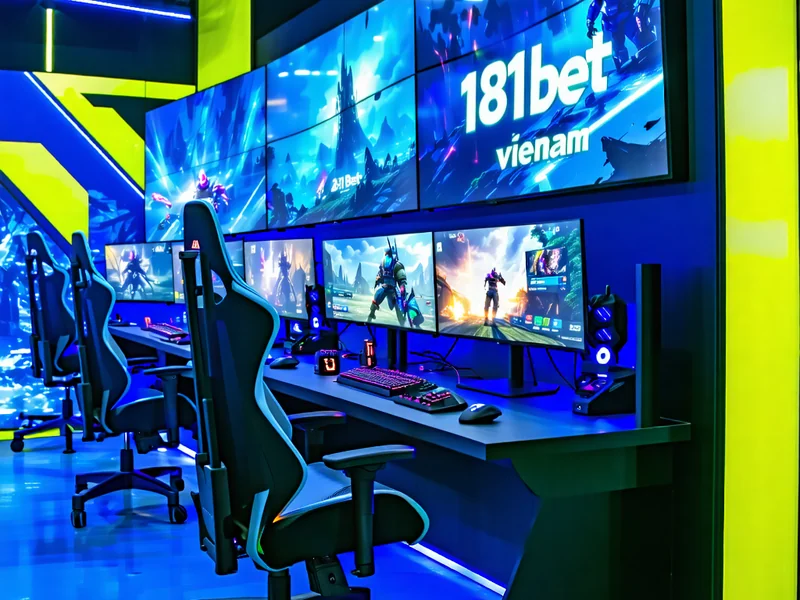 Hình ảnh đấu trường eSports sôi động tại 181BET Vietnam, các game thủ đang thi đấu tập trung, màn hình lớn hiển thị trận đấu, ánh sáng neon hiện đại.