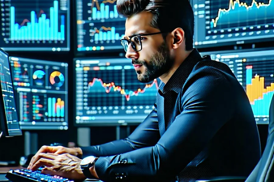 Chuyên gia phân tích thể thao của 181BET Vietnam đang tập trung vào màn hình máy tính với các số liệu thống kê bóng rổ, thể hiện sự nghiêm túc và chuyên nghiệp trong việc đưa ra dự đoán