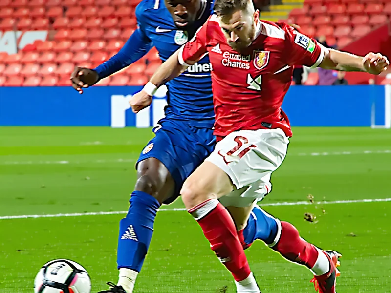 Hình ảnh một trận đấu bóng đá đỉnh cao với các cầu thủ tranh chấp bóng, khán đài đầy ắp khán giả, thể hiện sự kịch tính của các giải đấu lớn trên 181BET Việt Nam