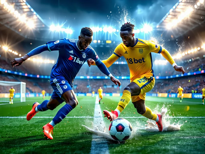 Hình ảnh trận đấu bóng đá đỉnh cao tại 181BET Vietnam, sân vận động rực sáng, cầu thủ đang tranh bóng quyết liệt, khán đài sôi động.