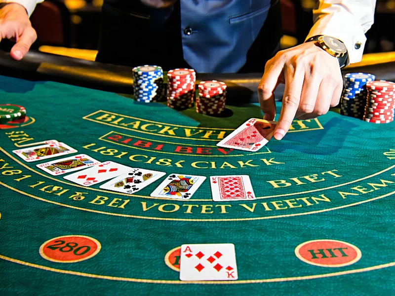 Bàn chơi Blackjack trực tuyến với các quân bài và người chia bài