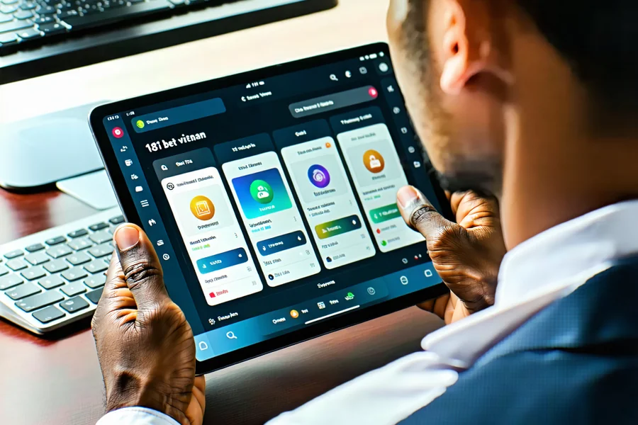 Hình ảnh một người đang xem xét các lựa chọn cá cược trên máy tính bảng một cách cẩn thận, với các biểu tượng về giới hạn tài chính và hỗ trợ, nhấn mạnh yếu tố cá cược có trách nhiệm và sự an toàn do 181BET Vietnam cung cấp, tạo dựng niềm tin cho người chơi