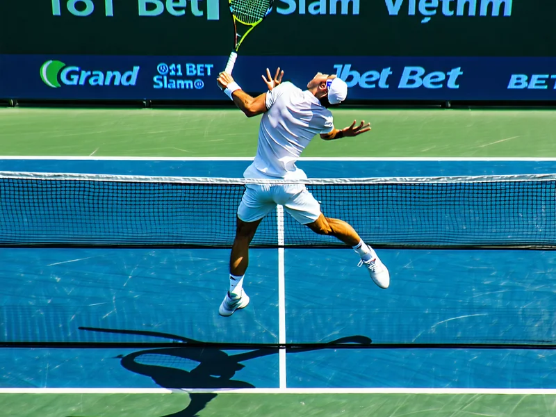 Hình ảnh một trận đấu tennis Grand Slam căng thẳng, vận động viên đang giao bóng mạnh mẽ, thể hiện sự tập trung và kỹ năng, mở ra cơ hội cá cược hấp dẫn trên 181BET Việt Nam