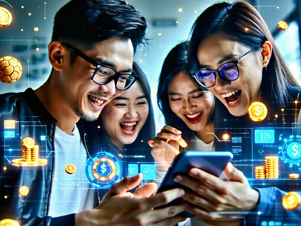 Hình ảnh minh họa người dùng Việt Nam tương tác với các thiết bị di động và máy tính, với các biểu tượng đại diện cho cá cược thể thao, casino trực tuyến và hỗ trợ khách hàng, phản ánh sở thích và hành vi của họ trong môi trường cá cược trực tuyến