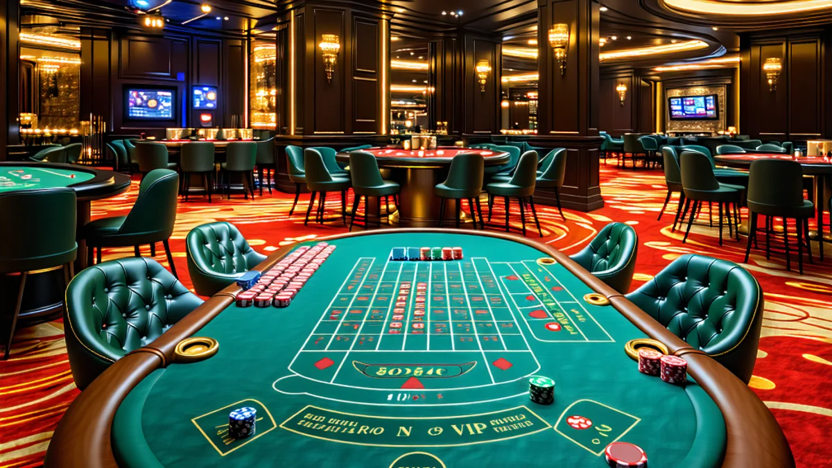 Hình ảnh nội thất sòng bạc VIP sang trọng, bàn chơi bài được chiếu sáng với người chơi và người chia bài, thể hiện trải nghiệm cá cược cao cấp tại 181BET