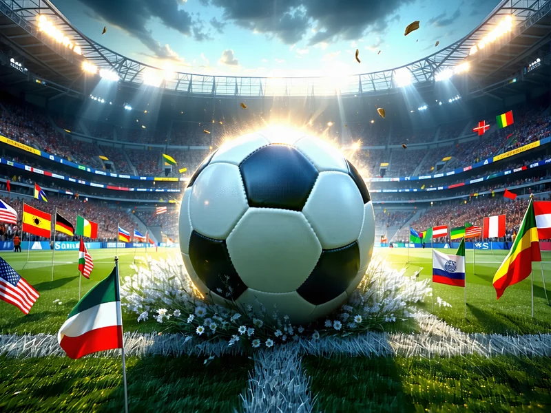 Hình ảnh quả bóng World Cup bay trên sân vận động với pháo hoa rực rỡ, tượng trưng cho giải đấu toàn cầu và niềm đam mê bóng đá tại 181BET